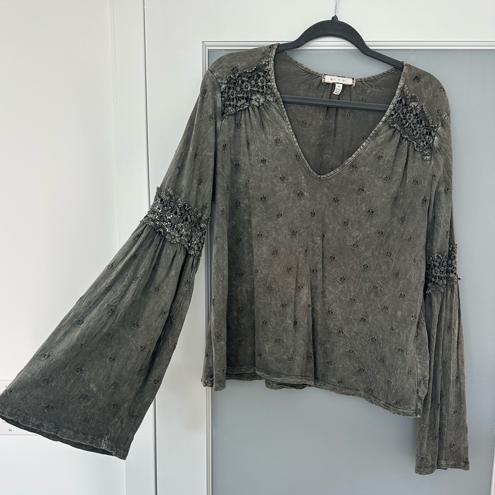 Anthropologie Eri + Ali Women's Green Calvie Eyelet Bell Sleeve Top - Picture 4 of 7